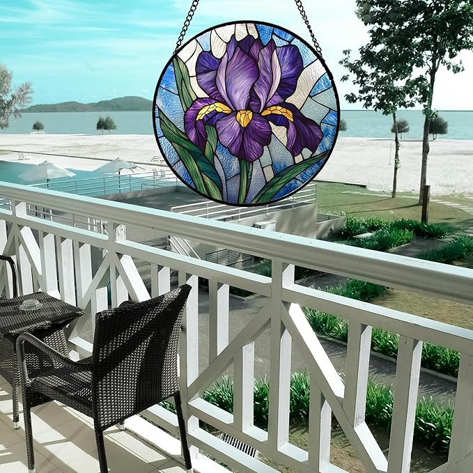 Stained Glass Window Hanging - Iris Birth Flower Suncatcher for Doors Garden Yard Purple Blue Sun Catchers Decor Christmas Mother's Day Birthday Gifts for Teacher Women Mom Nana 15 in