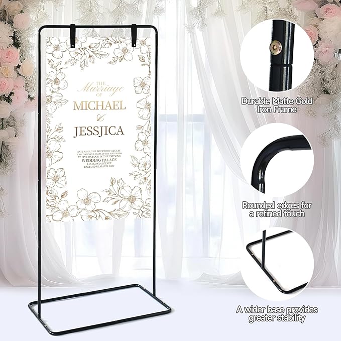 Wedding Sign Stand - Adjustable Wedding Sign W/Design Bundle & Leather Sign Hanging Straps, Durable Metal Easel Stand for Wedding Welcome Signs, Seating Charts, Ceremony & Reception Decor (Black)