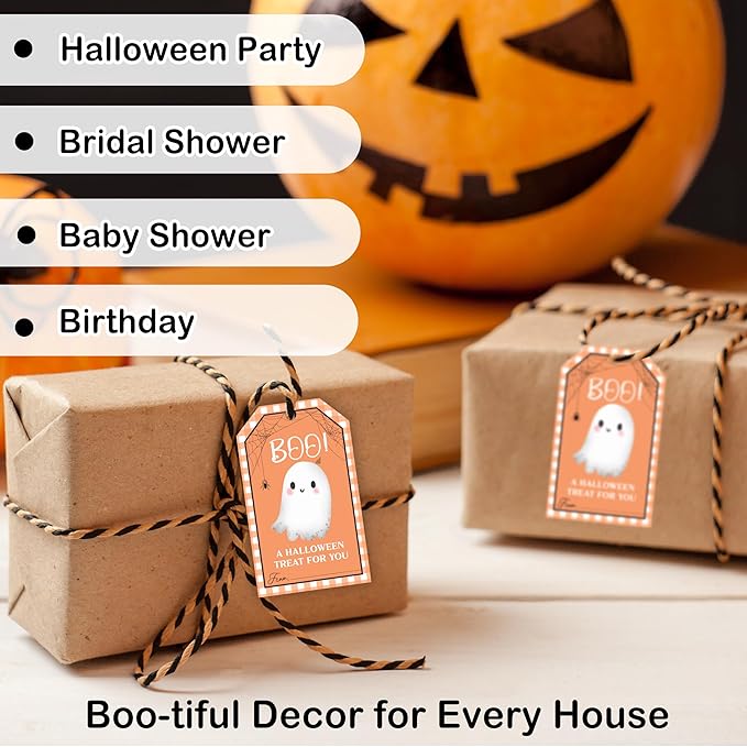 50 Pcs Halloween Tags with String, 2.1"×3.5" Boo Paper Gifts Tags, Ghost Trick or Treat for Candy, Halloween Gifts Tag Wrap for Party Favor - B08