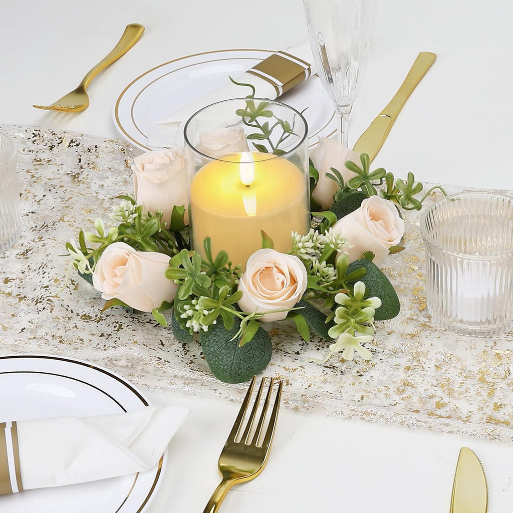 12 PCS Candle Rings with LED Flameless Candles, 3 Inch Artificial Rose Wreaths Eucalyptus Leaves for Table Centerpieces Home Wedding Party Decor, Champagne, 6 Sets