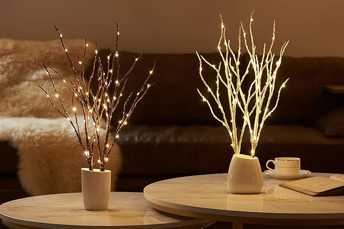 Hairui Twig Branches with Fairy LED Lights 18IN 70LED Battery Operated Lighted Brown Willow Branches for Home Witner Christmas Decoration Indoor Outdoor Use (Vase Excluded)