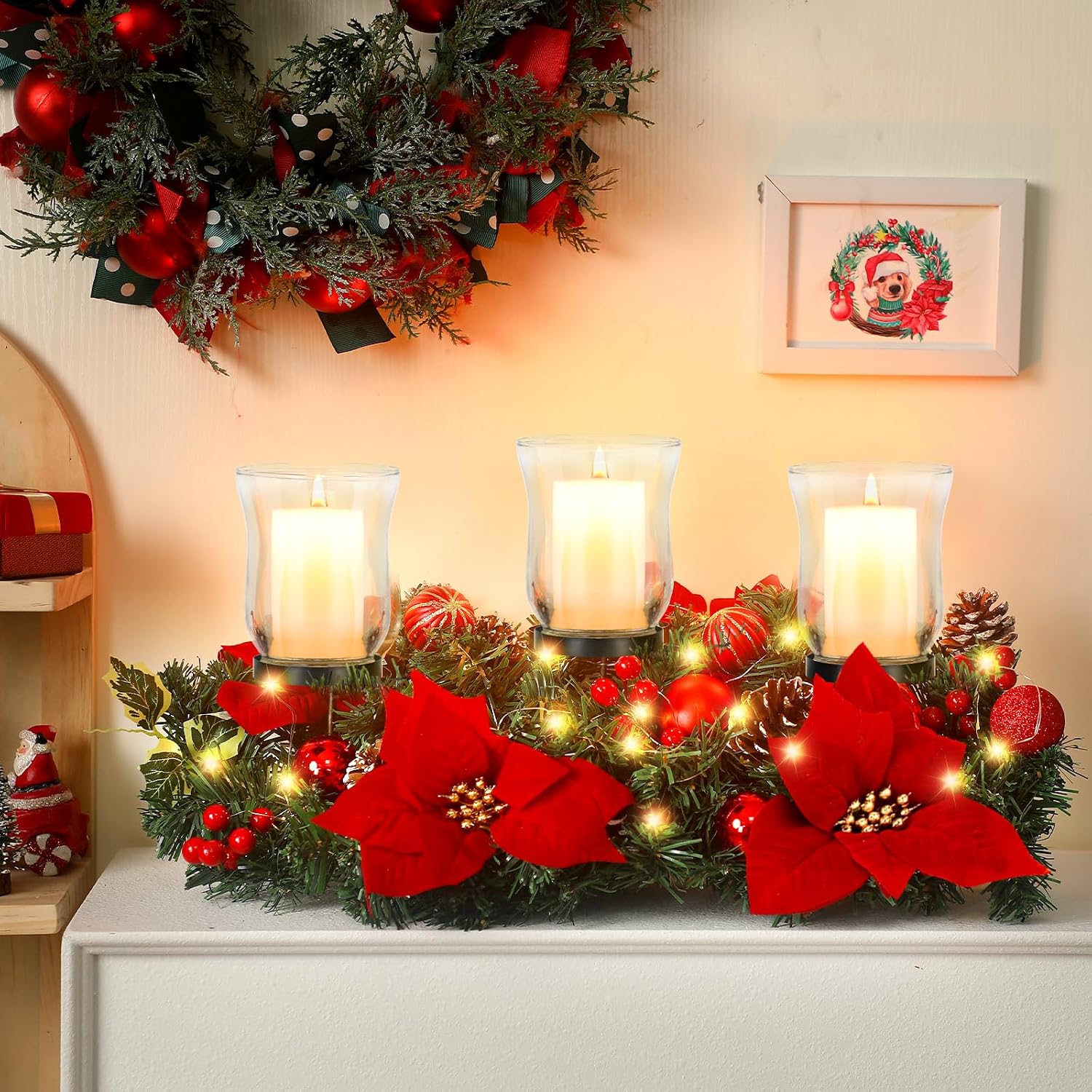 Sliner Christmas Candle Holder Centerpiece Christmas Poinsettia Glass Candle Holder Romantic Holiday Candelabrum for Xmas Party Table Mantel Decorations