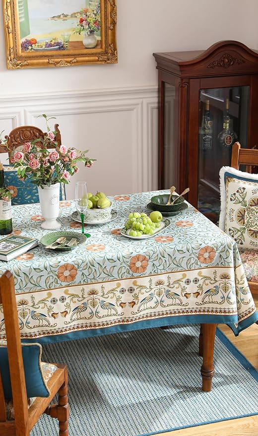 patdrea Designer French Linen Blue Tablecloth for Rectangle Table,Vintage Floral Table Cloth,Colorful Decoration Fall Cover Kitchen Dining for Thanksgiving,Tea Party,Christmas,67"x118"-Wensel