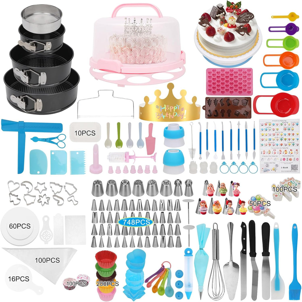 Cake Decorating Kit, 748 Pcs Cake Decorating Supplies with 3 Springform Pans Cake Carrier Turntable Cupcake Liners Cake Topper Piping Bags Tips for Beginner Professional Easter mom Gifts