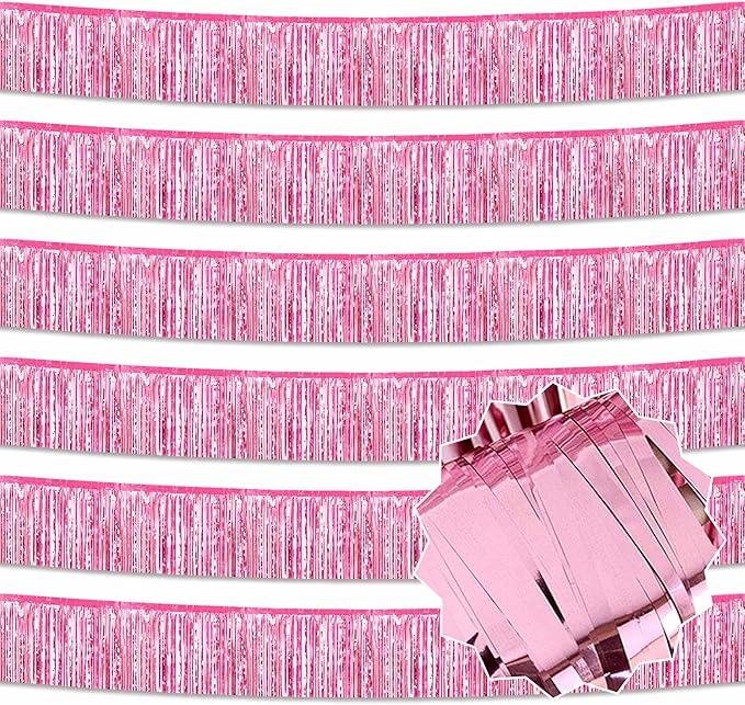 6 Pack 10 Ft Pink Foil Fringe Garland Metallic Streamers Tinsel Banner Wall Hanging Garland Backdrop for Parade Floats, Halloween, Christmas, Thanksgiving, New Year Party Decorations