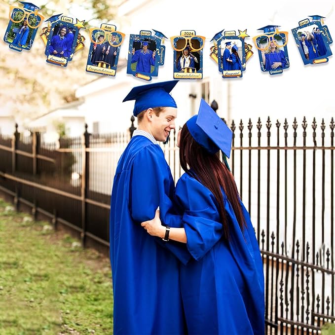 pinkblume Graduation Party Decorations Navy Blue and Gold Grad Photo Banner Royal Blue Gold Congrats Grad Photograph Bunting Garland for 2025 Graduation Celebration Party Decorations Supplies