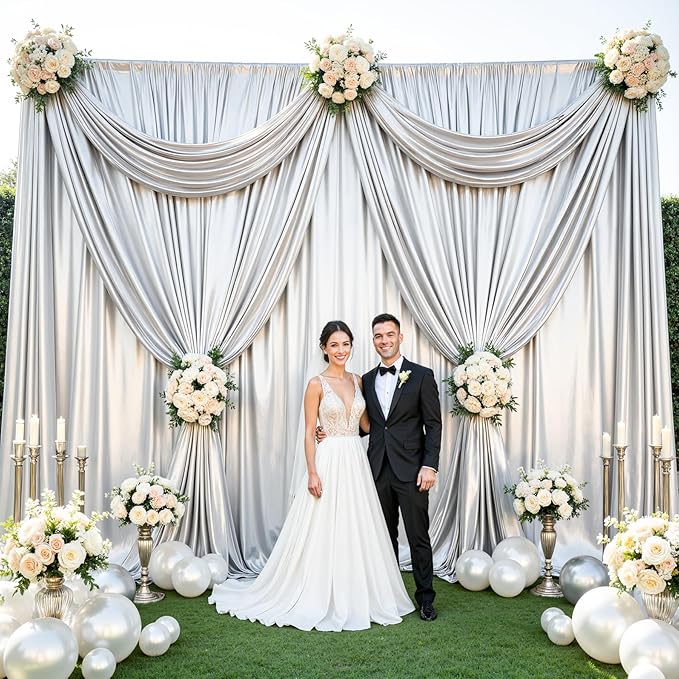 Silver Satin Backdrop Curtains 2 Panels - Glitter Photo Drapes for Baby Shower, 10x10FT Shimmer Back Drop Decor, Wrinkle Free for Birthday Party Prom Wedding Anniversary Background