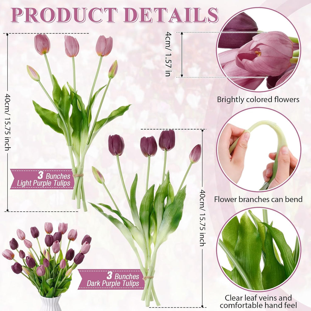 Riceshoot 30 Pcs Artificial Tulips Flowers 6 Bunches Faux Tulips Bouquets Arrangements Realistic Flowers for Office Wedding Party Kitchen Decoration(Mixed Purple)