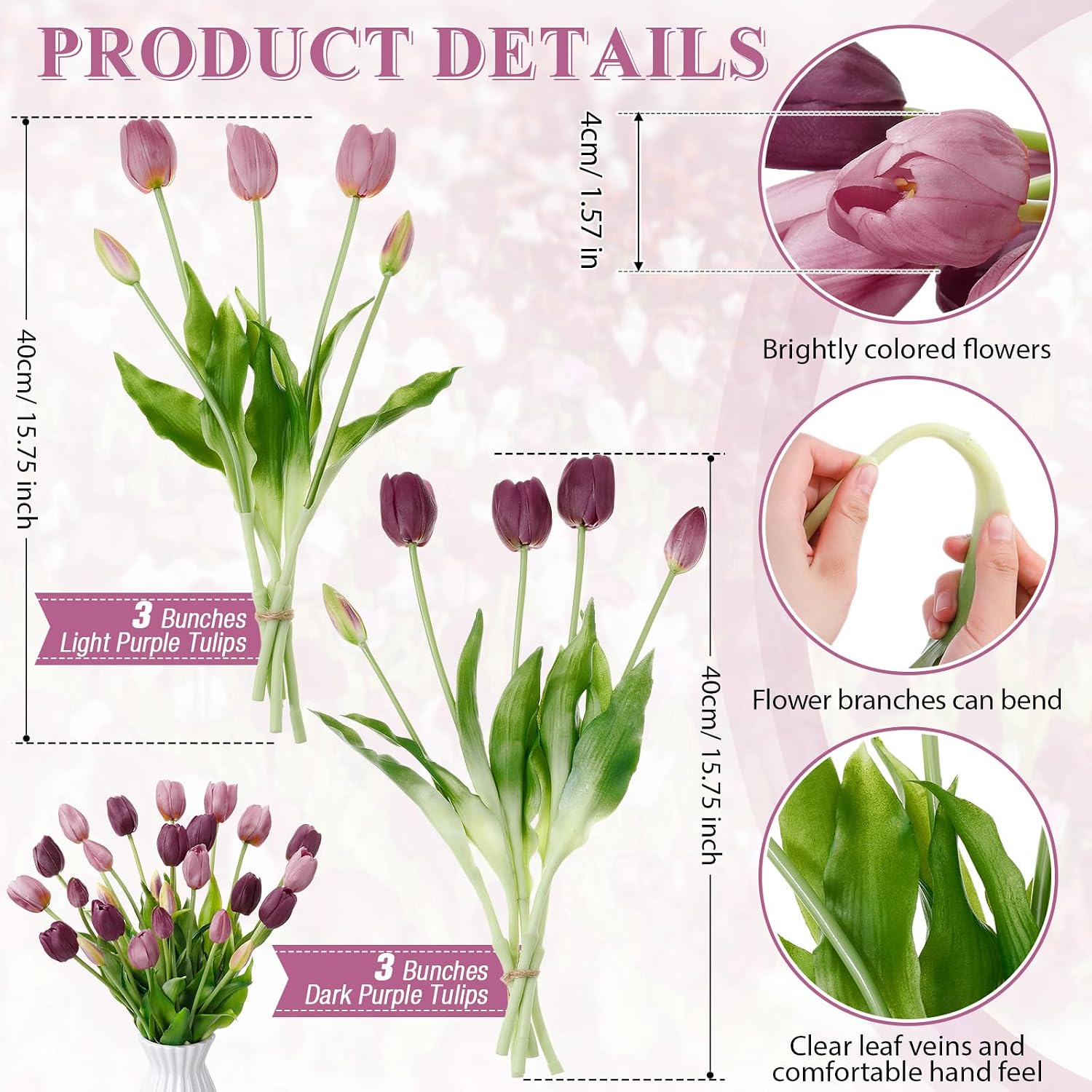 Riceshoot 30 Pcs Artificial Tulips Flowers 6 Bunches Faux Tulips Bouquets Arrangements Realistic Flowers for Office Wedding Party Kitchen Decoration(Mixed Purple)