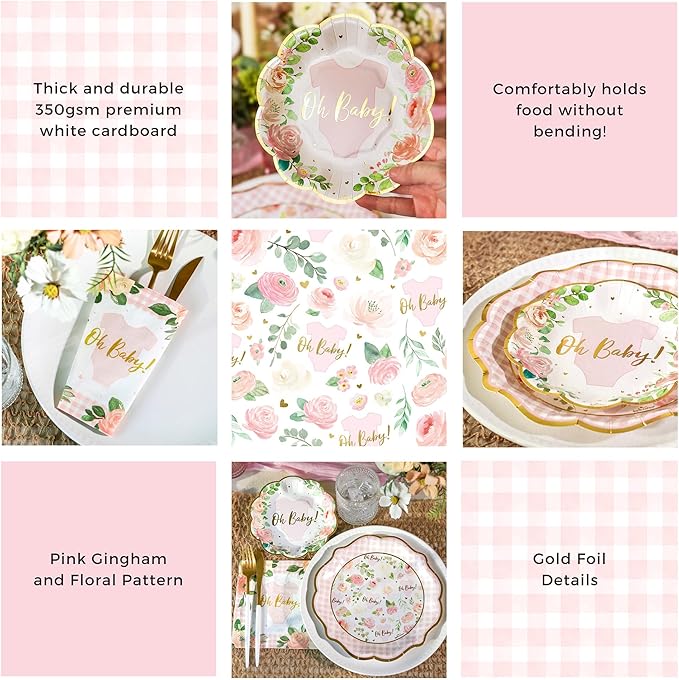 Kate Aspen Baby Shower Onesie Pink Floral & Gingham Tableware Set - 62pc. 16pcs 7 inch & 16pcs 9 inch Heavy Duty Disposable Party Plates, 30pcs 6.5 inch Durable Paper Napkins