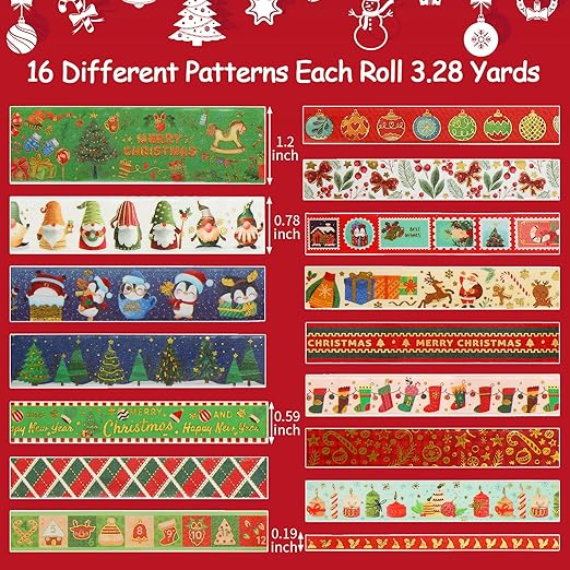 16 Rolls Christmas Washi Tape Holiday Masking Tape 4 Sizes Red Green Christmas Wrapping Tape Glod Foil Decorative Tape for Christmas Scrapbook Journal DIY Craft Gift Wrapping（Christmas