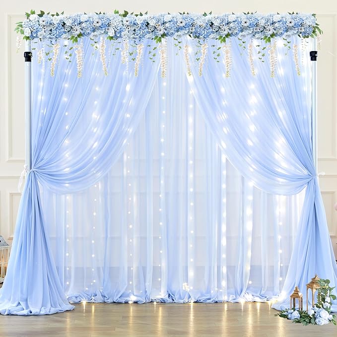 10x10ft Light Blue Chiffon Backdrop Curtain with Lights for Baby Shower Birthday Party, Sky Blue Curtain Backdrop with Lights for Wedding Parties Photo Shoot (5 x 10ft,2 Panels)