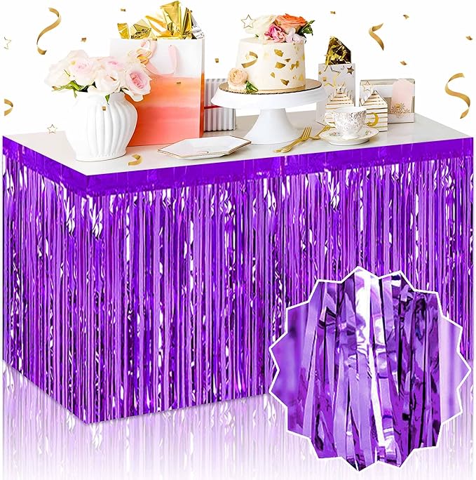 3 Pack 29 x108 Inch Purple Foil Fringe Table Skirts Metallic Banner for Tinsel Streamer Garland Backdrop for Parade Floats Mother's Day, Graduate, Birthday, Wedding Party Decoration