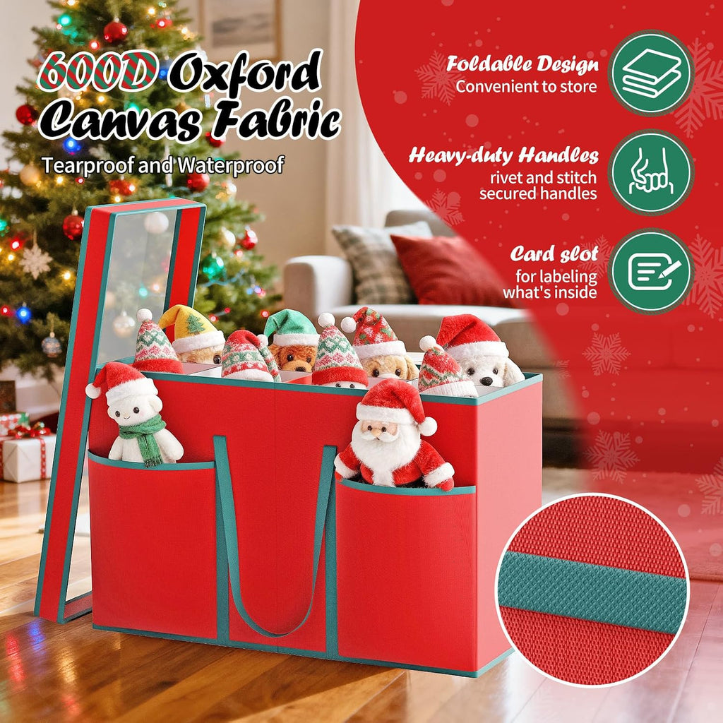 Christmas Figurine Storage Box & Nutcracker Storage Containers with Visible Lid for 15-inch Collectibles, Large Holiday Ornament Decor Organizer Keeps 8 Figurines, Xmas Decoration Storage Box, Red