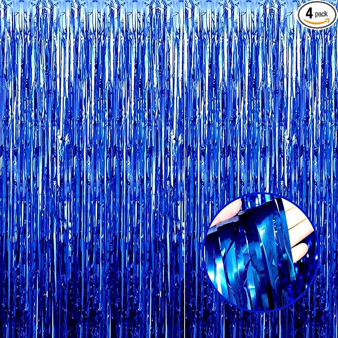 4 Pack Blue Foil Fringe Curtain Backdrop, 3.28Ftx8.2Ft Metallic Tinsel Streamers for Sea Party, Photo Booth Props, Birthday, 2022 Summer Ocean Theme Party Decoration Supplies