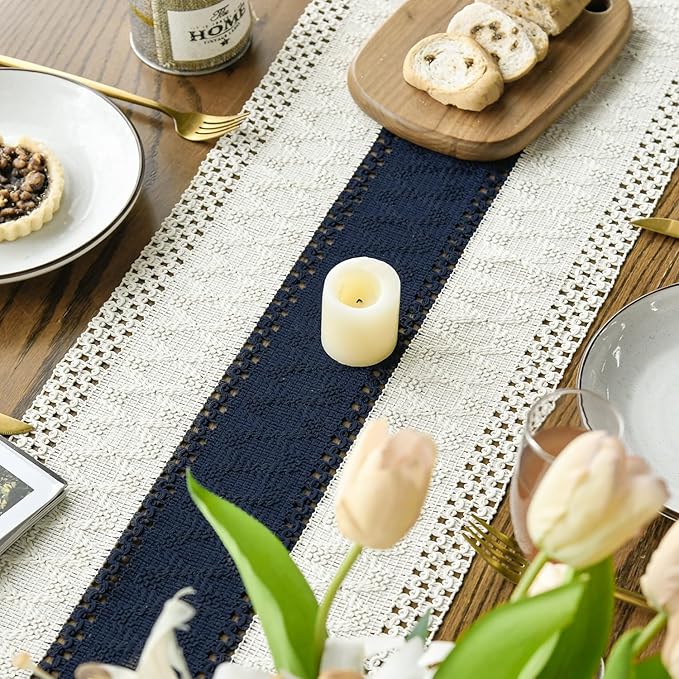 Artoid Mode Dark Blue Farmhouse Rustic Table Runner, Seasonal Holiday Hollow Kitchen Dining Table Decoration for Home Party Decor 12x108 Inch