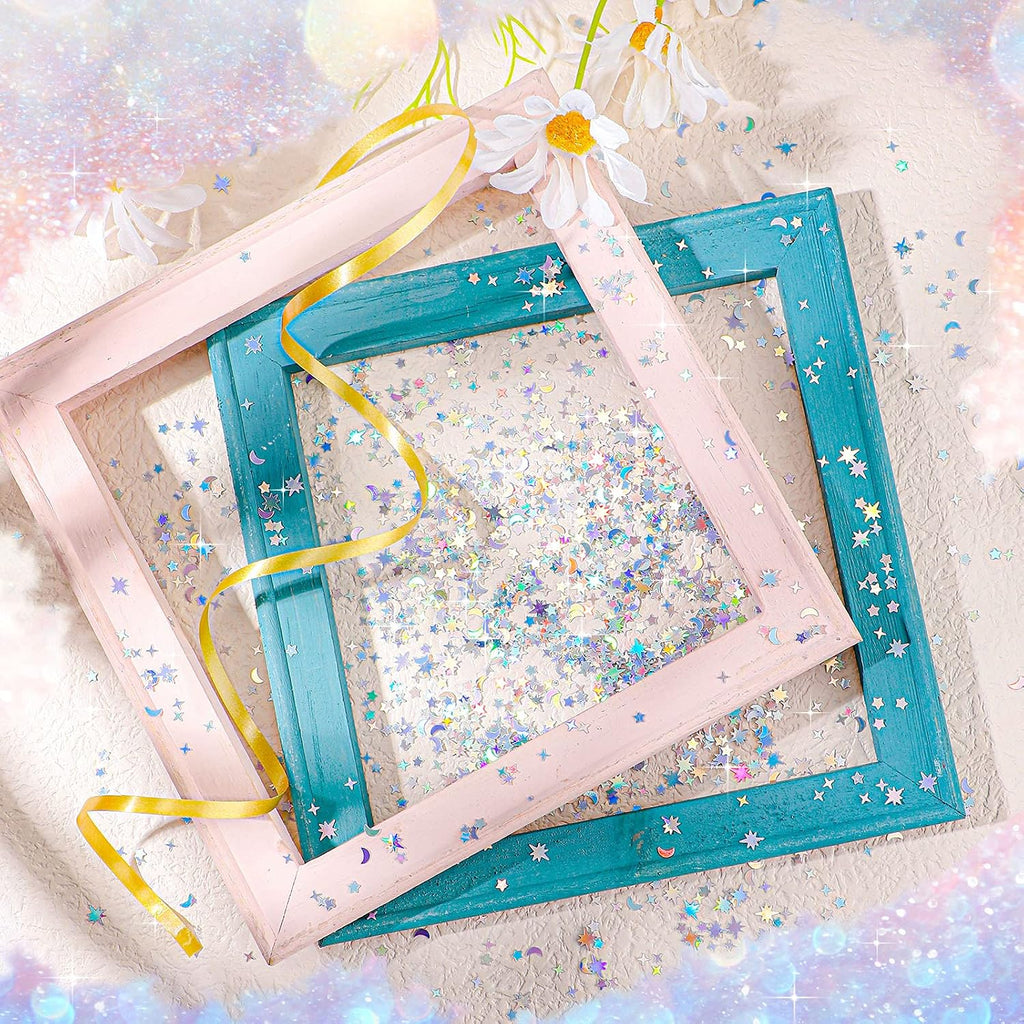 Skylety 60 G/ 2.1 oz Holographic Star Moon Glitter Fairy Confetti Sequin Galaxy Iridescent Metallic Glitter Foil Confetti Sequin Scatter for Valentines Wedding Party DIY(10 mm, 6 mm,Silver)