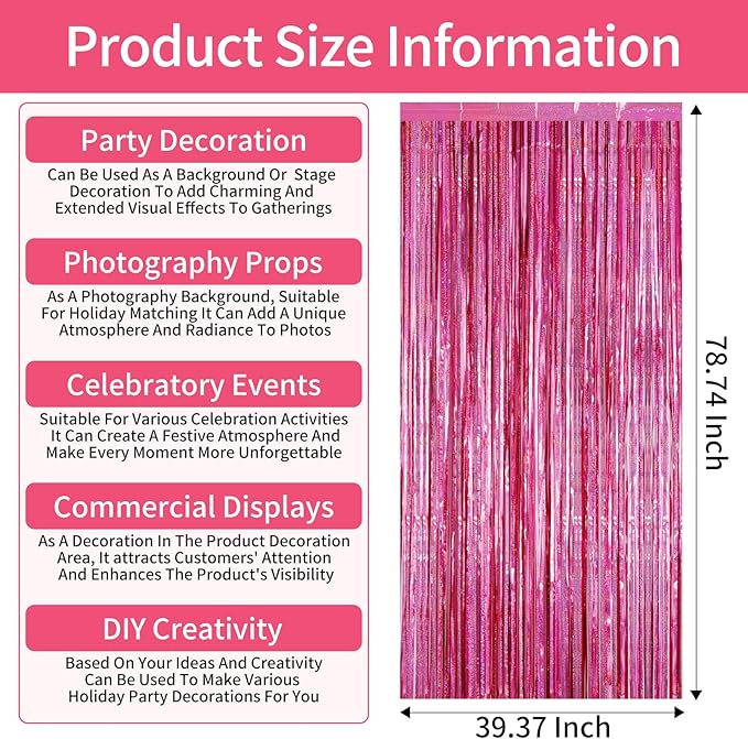 Picoway 4 Pack Pink Foil Fringe Tinsel Backdrop Curtains, Birthday Engagement Bachelorette Party Decorations, Photo Booth Props Door Streamers Curtain