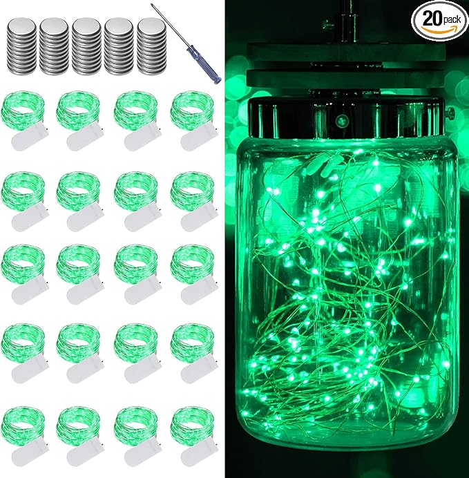 LAMPHOME 20 Pack Fairy Lights Battery Operated String Lights, 20 LED on 6.6FT Silvery Copper Wire, Firefly Fairy String Lights for Wedding Party Mason Jar Christmas Decorations Bedroom Decor(Green)