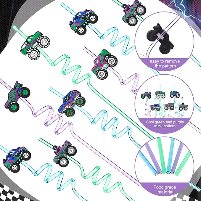 Yungyan 24 Sets Green Purple Monster Truck Party Favors Goodie Cups with Lids and Straws for Halloween Party Decorations Reusable 16oz Plastic Candy Cups Plastic Straws for Birthday Gift(Truck)