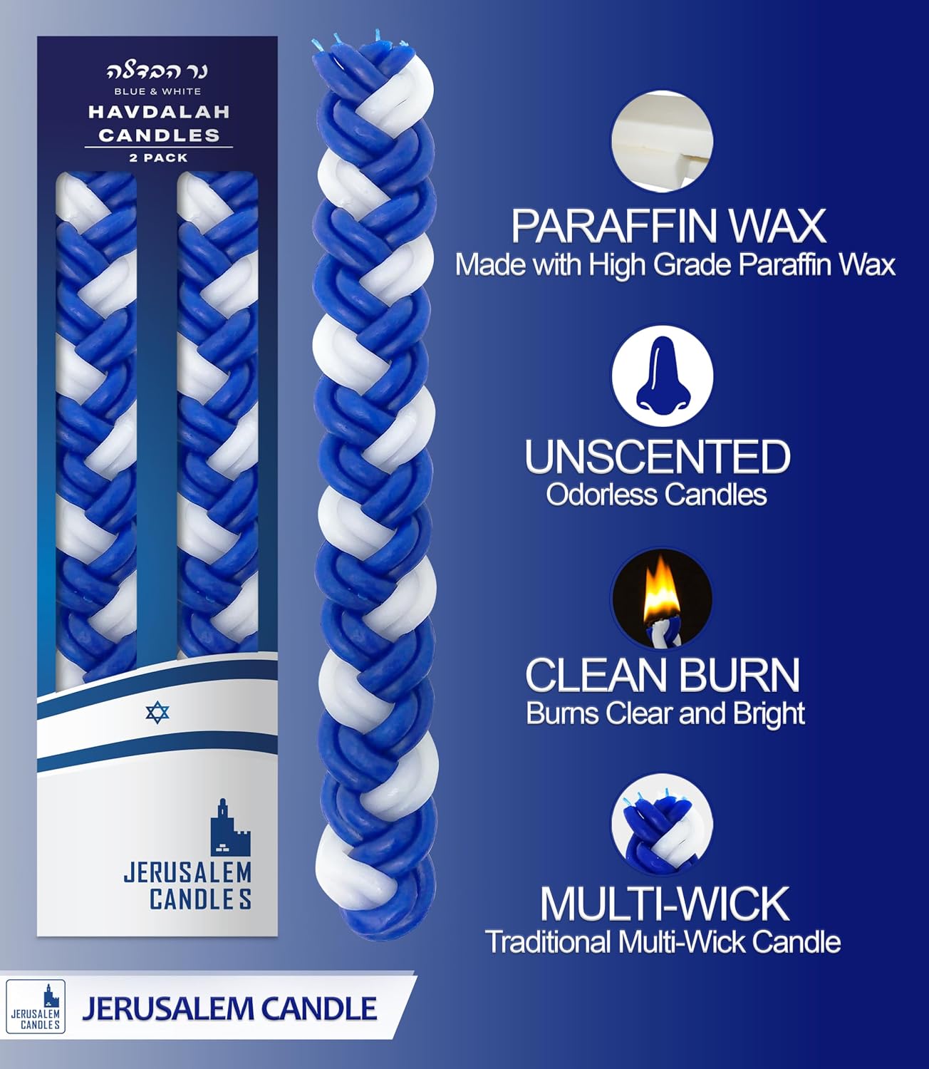 Jerusalem Candles Havdalah Candle - Braided Blue and White - Flat Havdallah Candles - 2 Pack