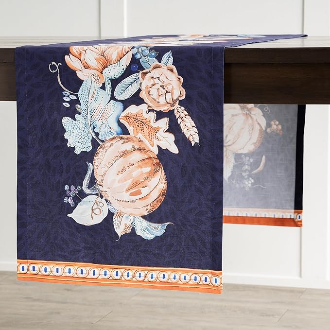 Maison d' Hermine Table Runner 100% Cotton Single Layer Table Runners 72 inches Long for Thanksgiving Christmas Decorations Home Kitchen Dining Party Wedding (Pumpkin Blues, 14.5" x 72")
