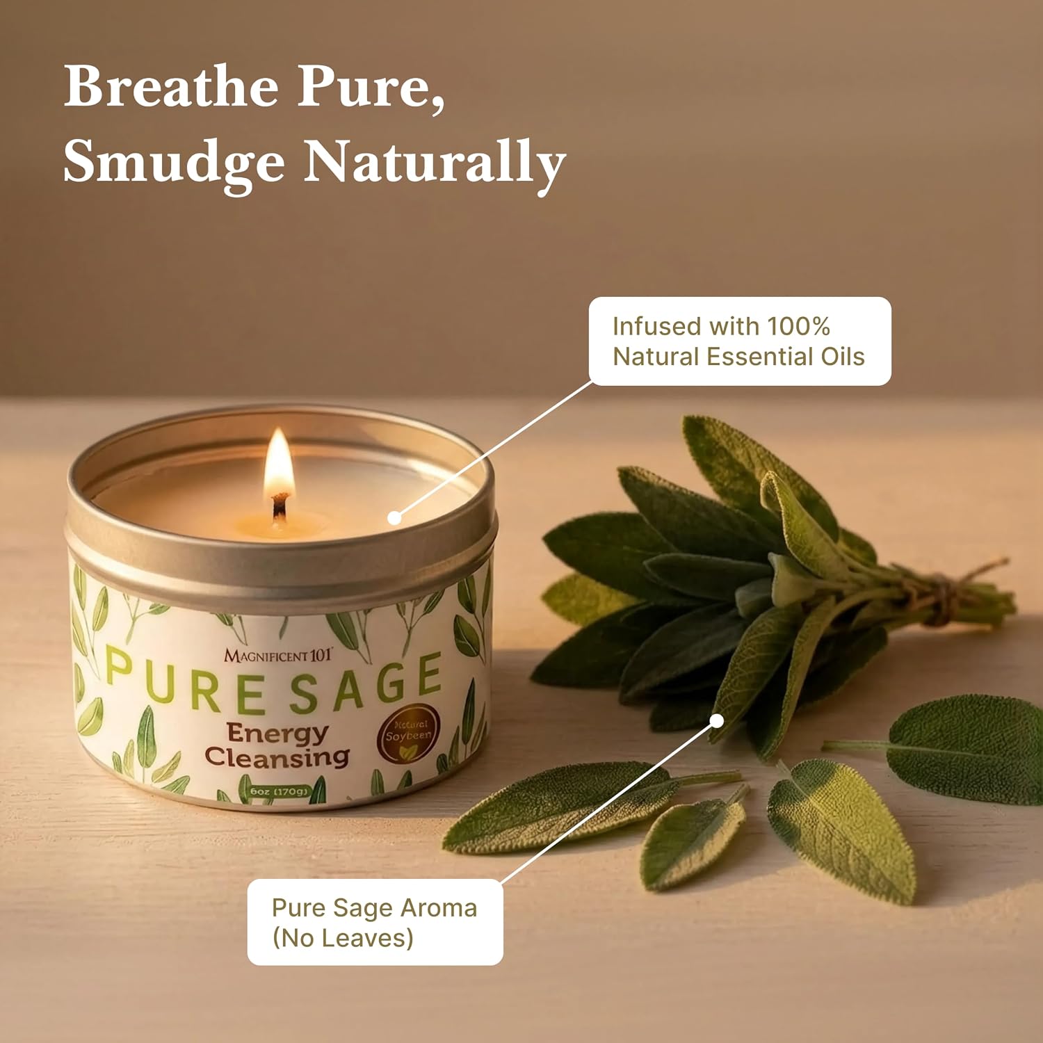 Magnificent 101 Long Lasting Pure Sage Candle - 6 Oz - 35 Hour Burn Time - Organic, All Natural, Soy Wax Candle for Energy Cleansing & Calm, Soothe - Spiritual