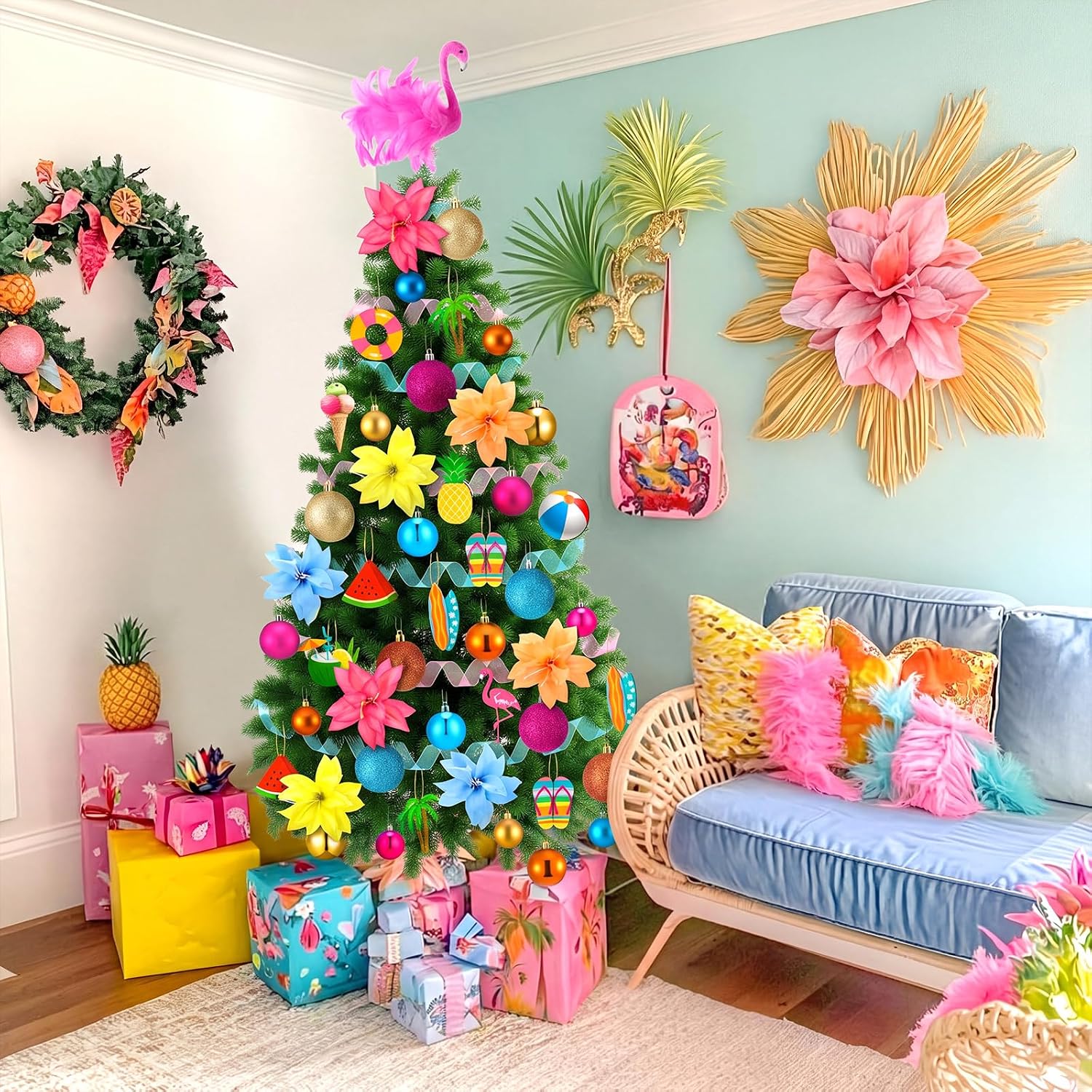 Seenelling 65 Pcs Summer Christmas Tree Ornaments, Tropical Flamingo Decor | Pink Flamingo Topper, Wooden Hangers, Faux Flowers, Ribbon, Luau Beach Party, Christmas in July