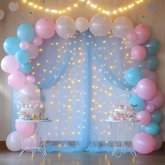 Fomcet Tulle Backdrop Curtains with Lights String Baby Blue 10FT X 10FT Sheer Curtains with Lights Tulle Curtain Backdrop for Wedding Birthday Party Photo Shoot (2 Panels 5x10FT)