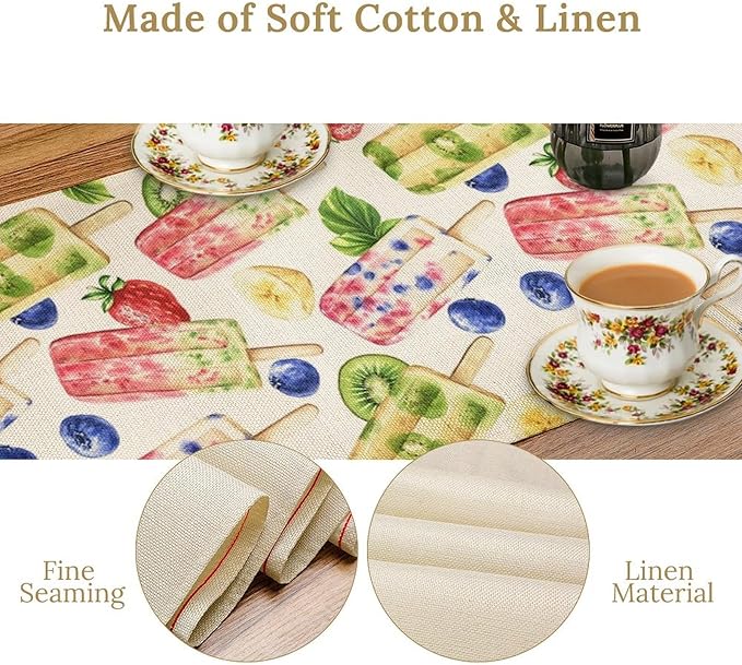 Ice Cream Table Runner, Watercolor Fruit Ice Popsicles Berry Kiwi Cold Summer Desserts Seasonal Dinner Runner for Party Holiday Home Kitchen Dining Table Decor 13"x90"
