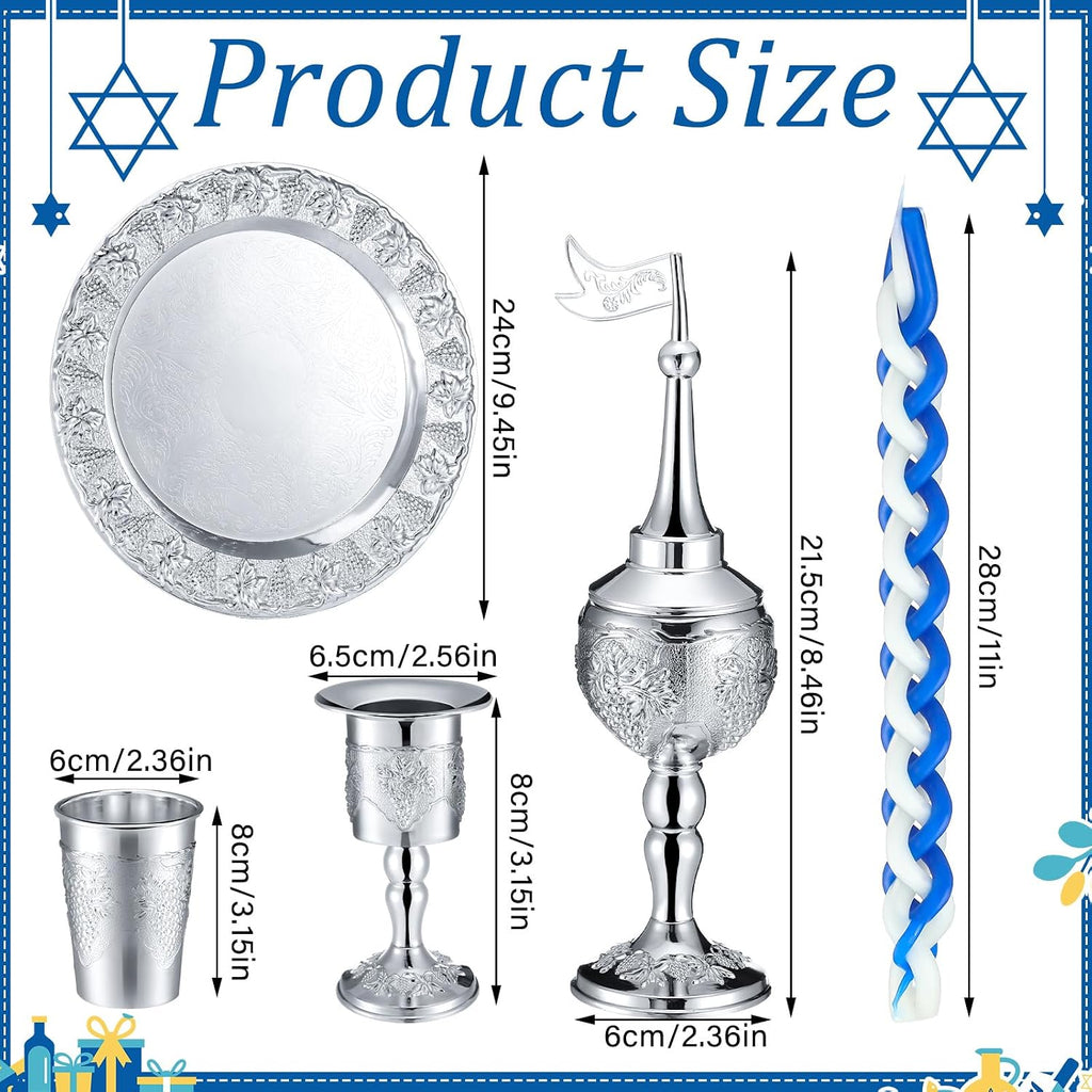 Mumufy 9 Pcs Shabbat Havdalah Set Include Havdualah Candle Holder Kiddush Cup Spice Box Goblet Silver Plate with 5 Pcs Havdalah Candle for Shabbat Judaica Decoration