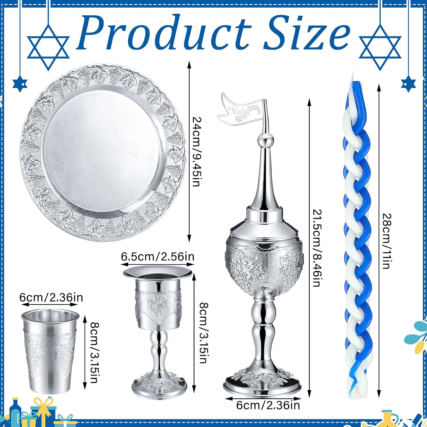 Mumufy 9 Pcs Shabbat Havdalah Set Include Havdualah Candle Holder Kiddush Cup Spice Box Goblet Silver Plate with 5 Pcs Havdalah Candle for Shabbat Judaica Decoration