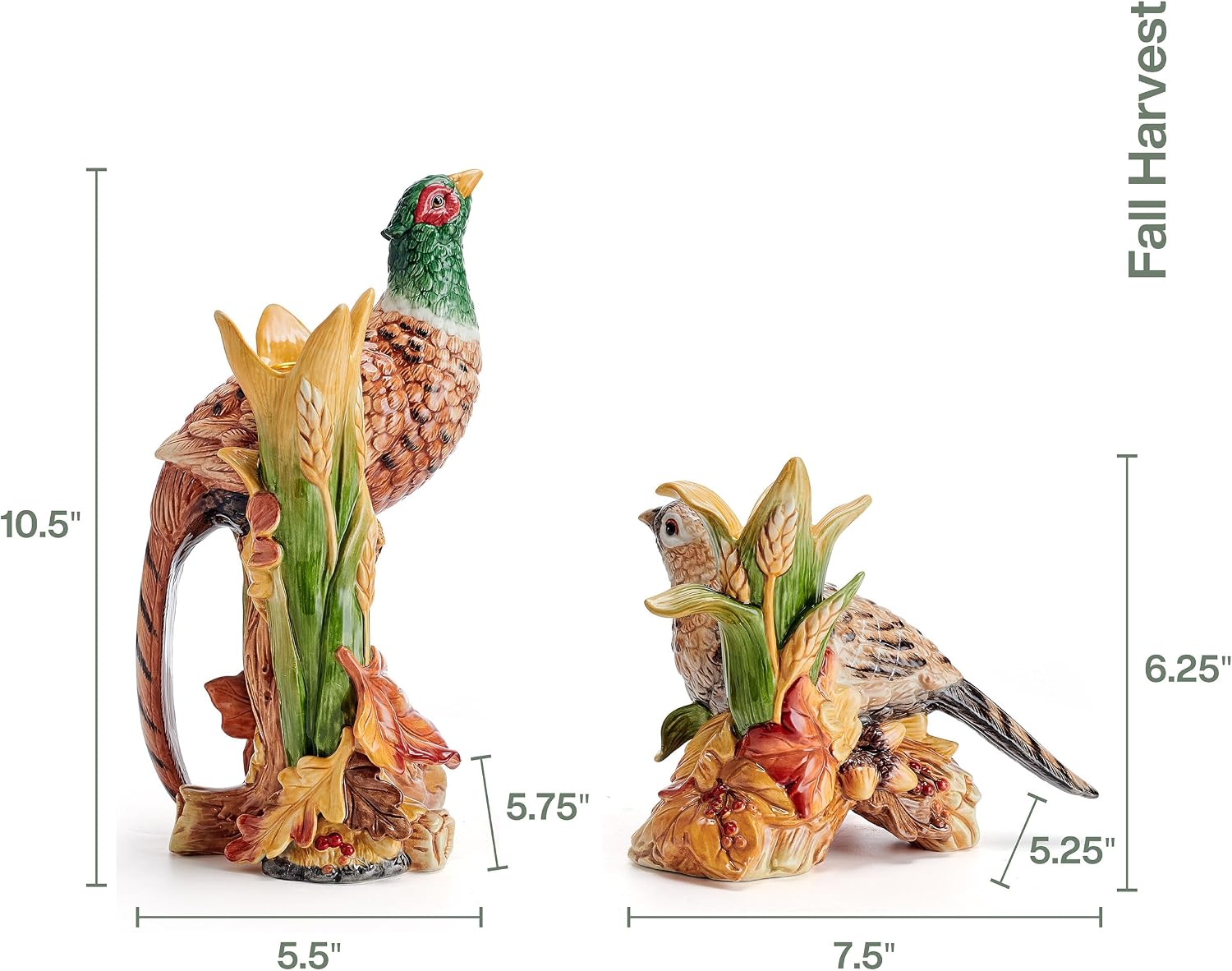 Fitz and Floyd Fall Harvest Pheasant Ceramic Figurine Candleholders, Set of 2, 10.5 and 6.25 inches Tall