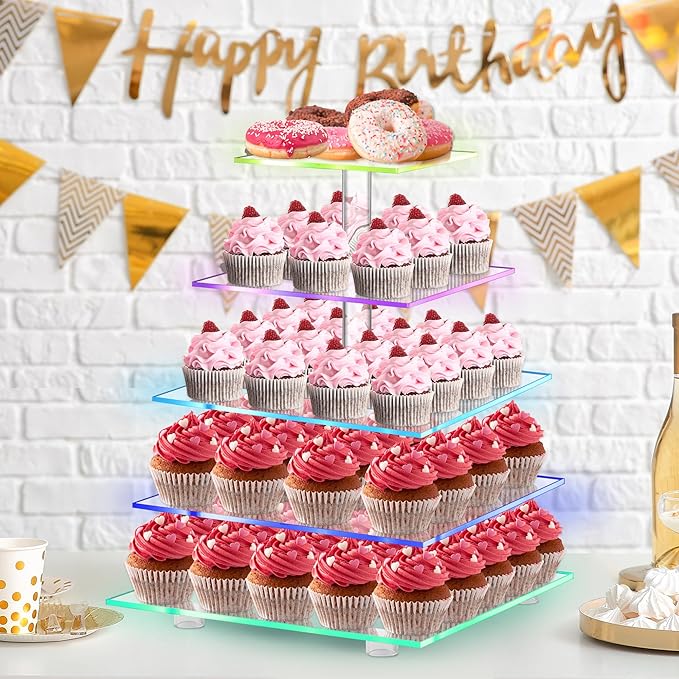 Cupcake Stand with Rechargeable Led, 5 Tier Clear Cupcake Holder, 7 Colors Light Cupcake Tower, Acrylic Dessert Table Display Set for Weddings, Christmas, Birthday, Parties, Baby Showers