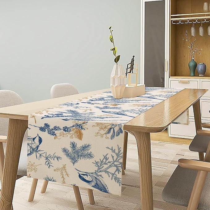 Floral Table Runner,Sketch Birds and Flowers Summer Table Runner Kitchen Dining Table Decoration for Home Party Decor 13x72 Inch