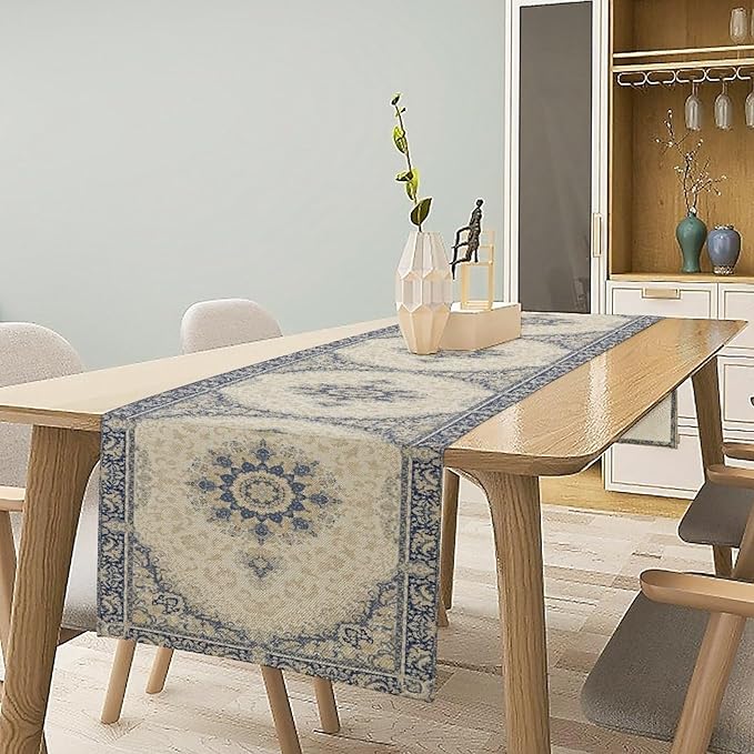 Boho Bohemia Style Table Runner, Vintage Blue Gold Retro Flower Rustic Country Style Floral Print Pattern for Home Kitchen Table Decor Dining Coffee Room Garden Party Decor 13x108in
