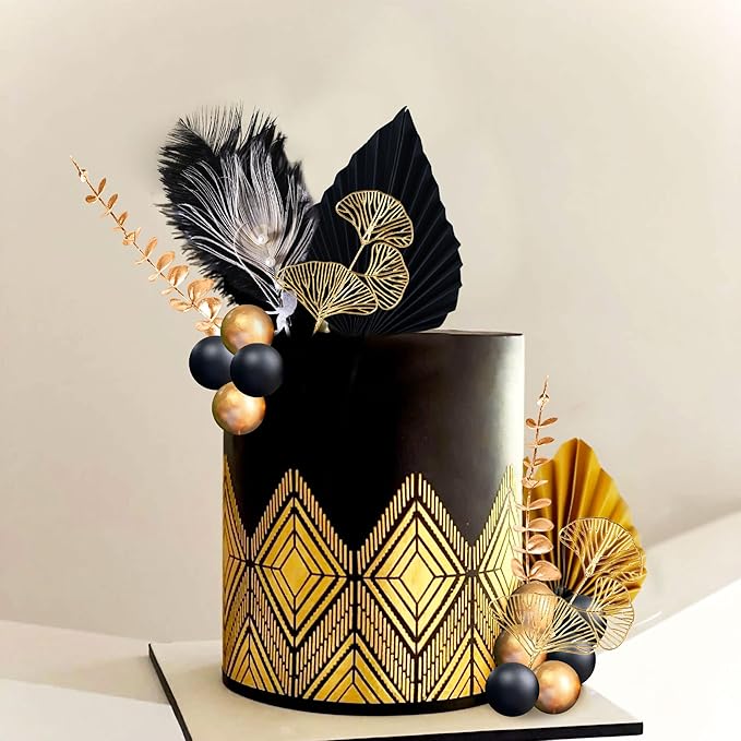 Boho Cake Topper Man Cake Toppers Happy Birthday Cake Topper Black Gold Balls Cake Decorations for Roaring 20s Cake Decoration Wedding Baby Shower Party Decoration