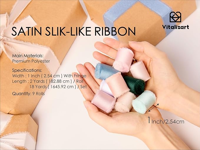 Vitalizart Silk Like Satin Ribbon 1 inch x 18 Yard Mixed Color Handmade Frayed Ribbons for Gift Wrapping Baby Shower Wedding Bridal Bouquets Holiday Decor 9 Rolls 2 Yd