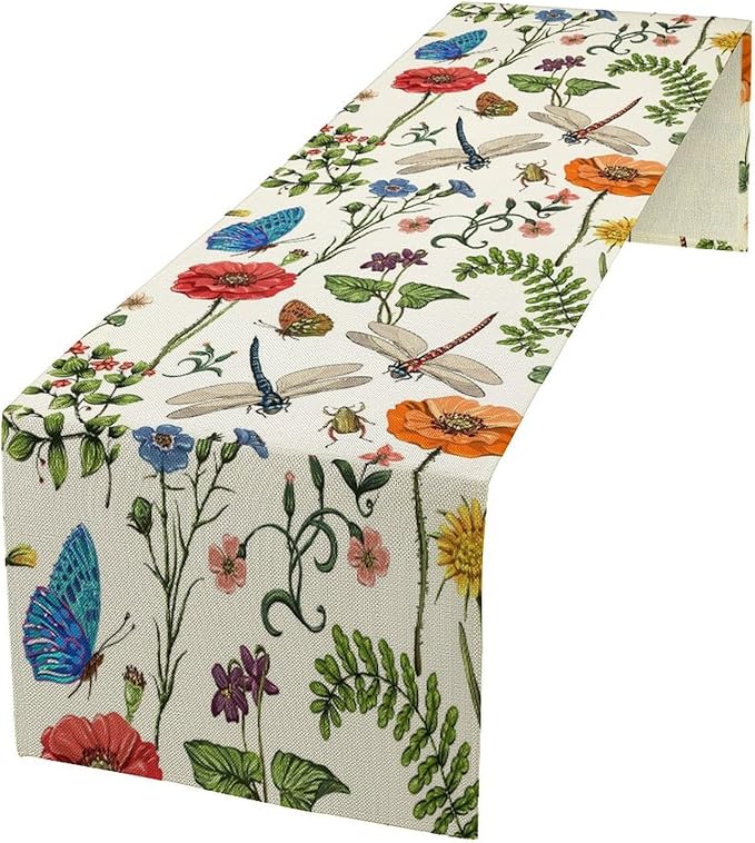Vintage Botanical Flowers Table Runner, Seasonal Summer Plants Florals Butterfly Dinner Runner for Home Kitchen Dining Table Party Holiday Decoration 13"x70"