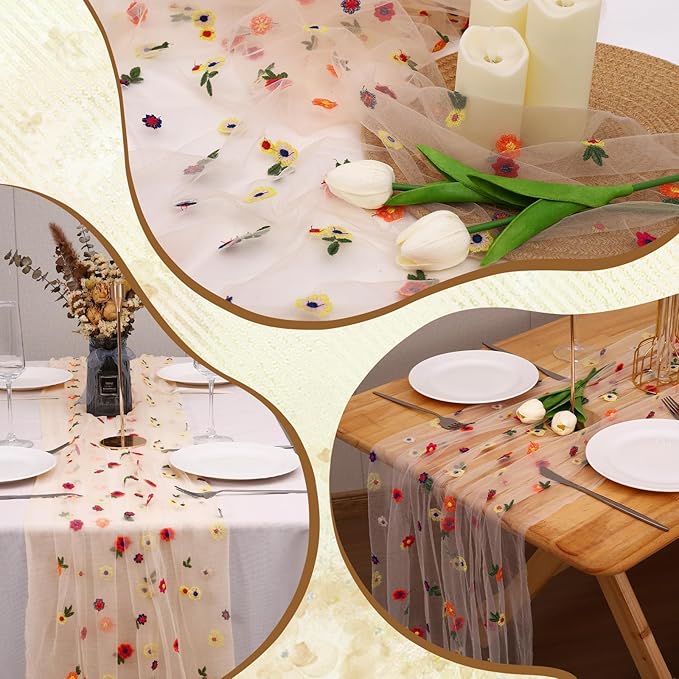 6PCS Champagne Floral Table Runner 10 FT, Embroidery Daisy Table Runners Seasonal Sheer Tulle Table Runner for Thanksgiving Wedding Birthday Baby Shower Party ﻿