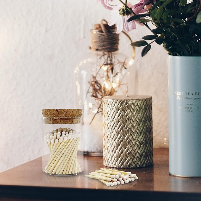2" White Matches in a Jar + Striker Stickers Included | 100 Classy White Tip Decorative Safety Matches with a Cork Top Glass Holder | Gifts, Home Decor, & Candle Accessories by Thankful Greetings