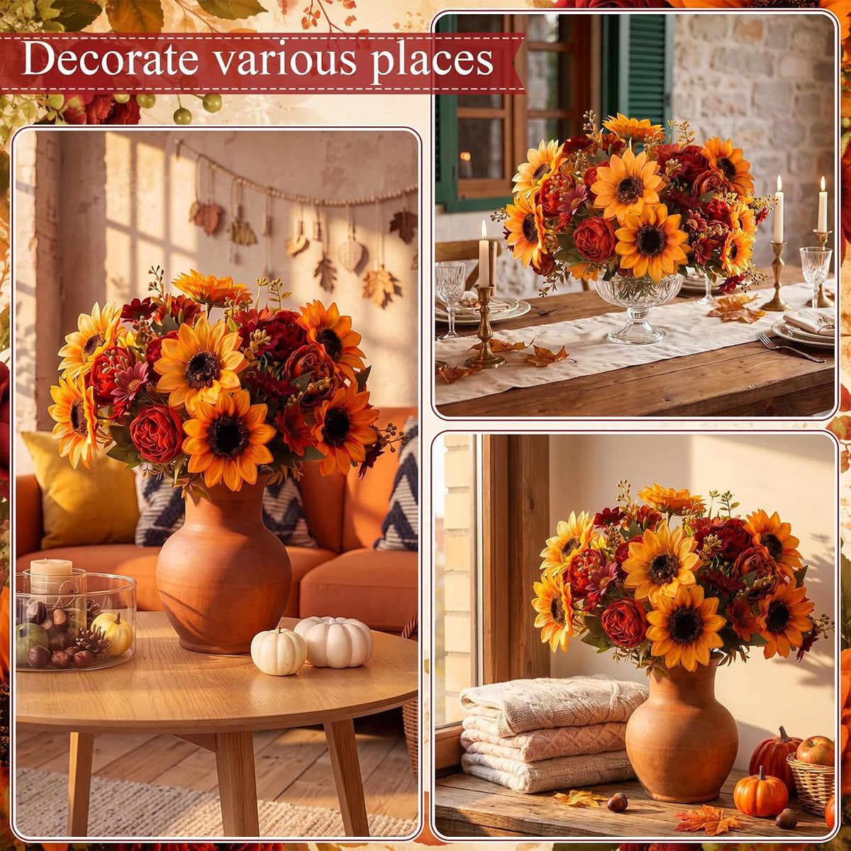 12 Pcs Artificial Fall Silk Flower Bouquets, Thanksgiving Decor