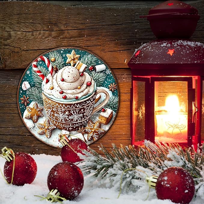 Round Christmas Signs Hot Cocoa Bar Metal Tin Sign Christmas Decor For Home Vintage Christmas Coffee Cocoa Tin Sign Hot Chocolate Bar Sign 8 * 8 in