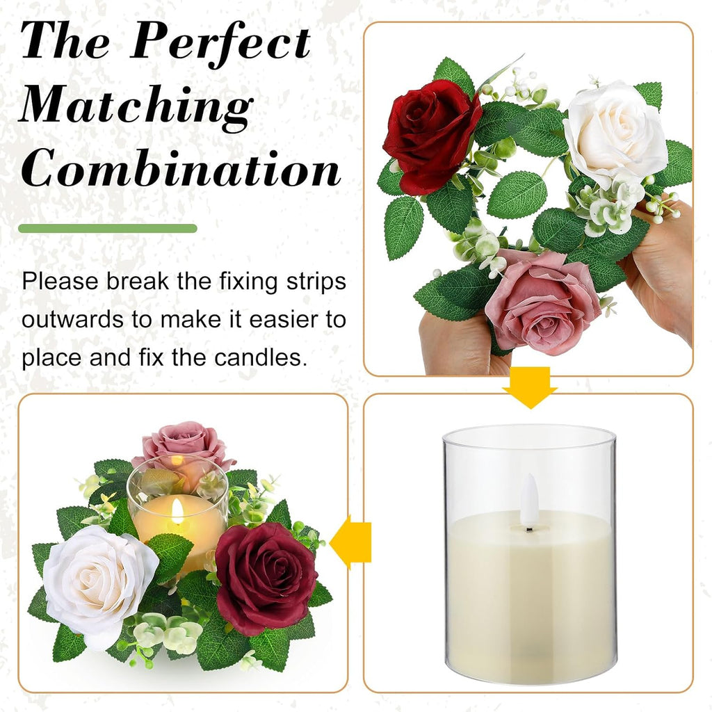Yunlly 12 Pcs Rose Candle Rings with Flameless Candles Sets, Artificial Flower Eucalyptus Wedding Centerpiece 3 Inch Pillar Candleholders Wreaths for Wedding Party Mother's Day (Red，Pink，White)