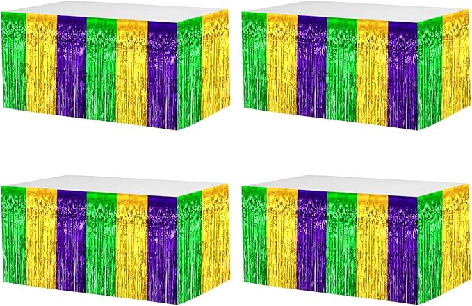 4 Pack 29x108 Inch Mardi Gras Metallic Foil Fringe Tinsel Table Skirts for Rectangle Tables Streamer Backdrop for Wedding, Birthday, Parade Floats, Valentine's Day Party Decoration(Gold Green Purple)
