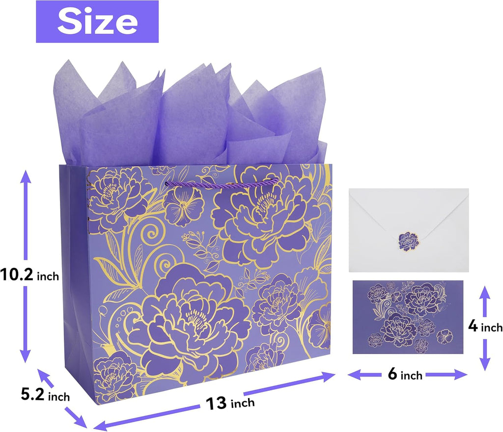Qirrmiy 13" Large Rose Purple Gift Bag Set with Greeting Card and Tissue Paper for Women or Girls for Celebrating Birthdays, Mother's Day, Valentine's Day, Weddings, Anniversaries