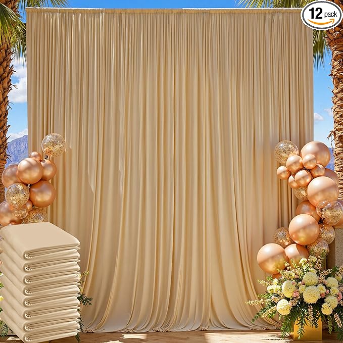60×12 ft Wrinkle Free Beige Backdrop Curtain for Wedding Parties, 12 Panels 5×12ft Long Silky Polyester Photo Backdrop Drapes for Birthday Baby Shower Photography Stage Evnets Background Cloth