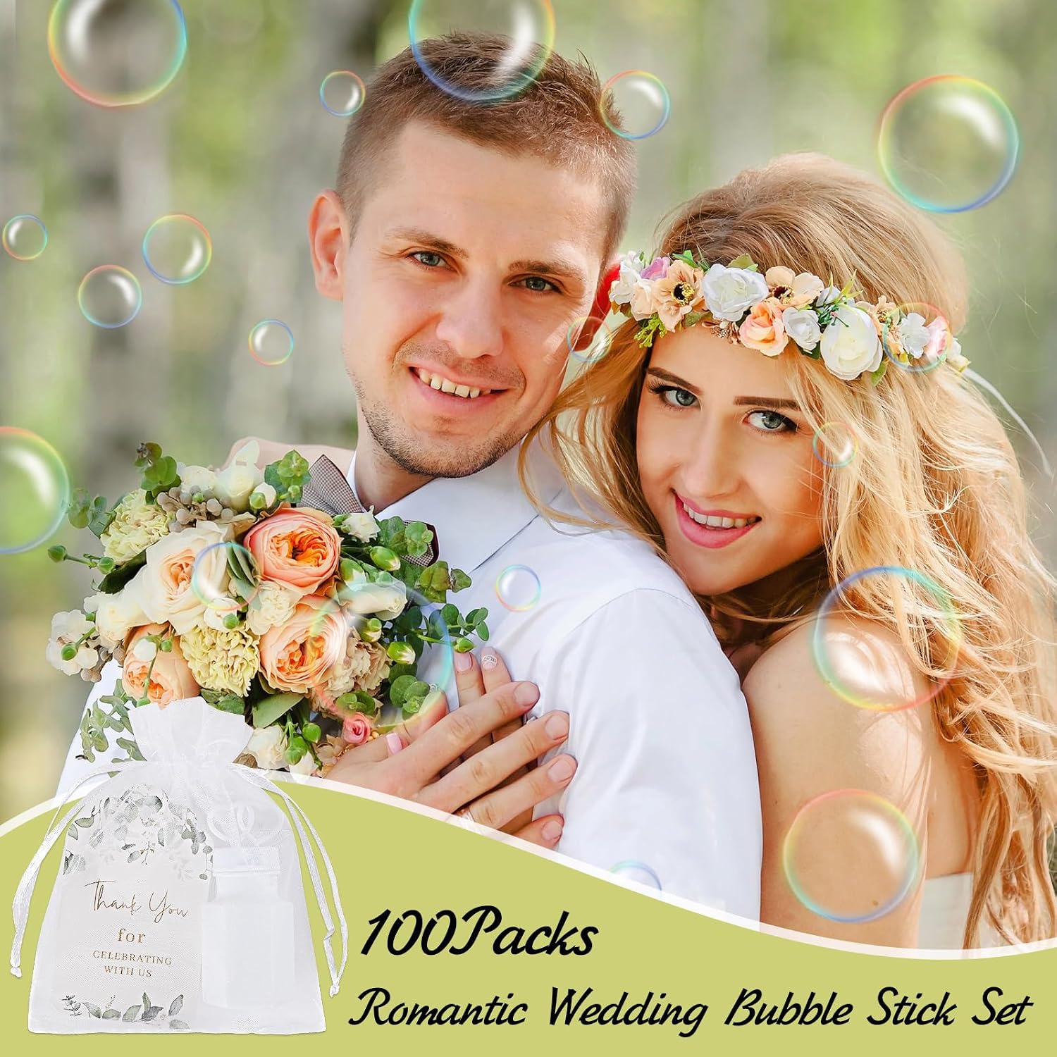 WAYASDCU 100 Sets Wedding Party Favors White Mini Bubble Bottles Greeting Card Goodie Bag Wedding Bubbles for Guests, Anniversary, Engagement, Celebration