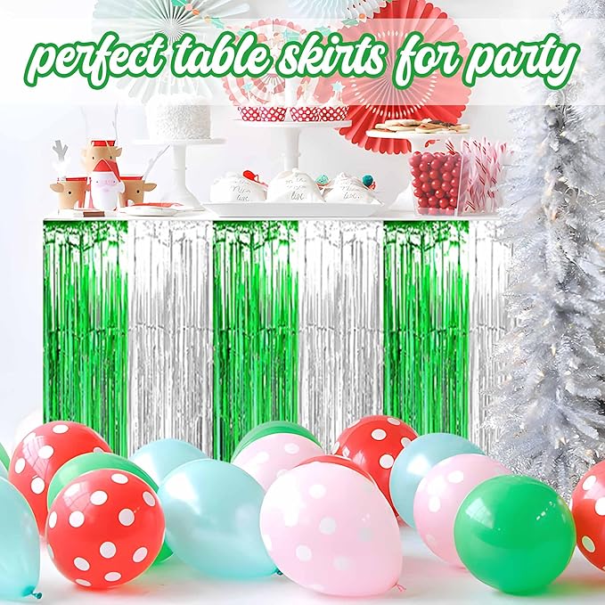 3 Pack Silver Green Foil Fringe Table Skirts Metallic Tinsel Streamers Garland Banner Backdrop for Table Decor, Parade Float, Birthday, Wedding, Halloween, Christmas Party Decorations(29x108 In)