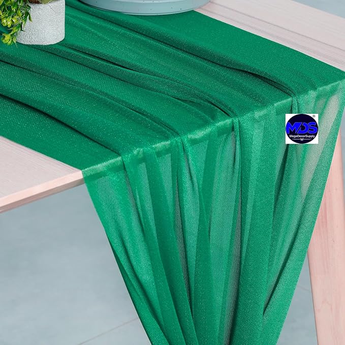 MDS 25 Pack 10ft Chiffon Table Runner 29 x 120 Inches Sheer Wedding Runner Romantic Rustic Table Runner for Wedding Decorations, Birthday Parties, Bridal Shower Party Arch Decor - Emerald Green